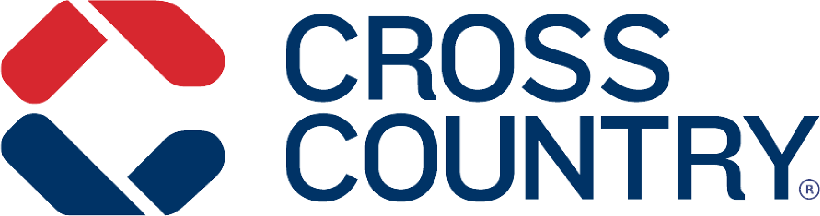 Cross Country Workforce Services Logo, a rounded geometric shape with two disconnected halves. The top half is red while the bottom half is blue. To the right, the words 