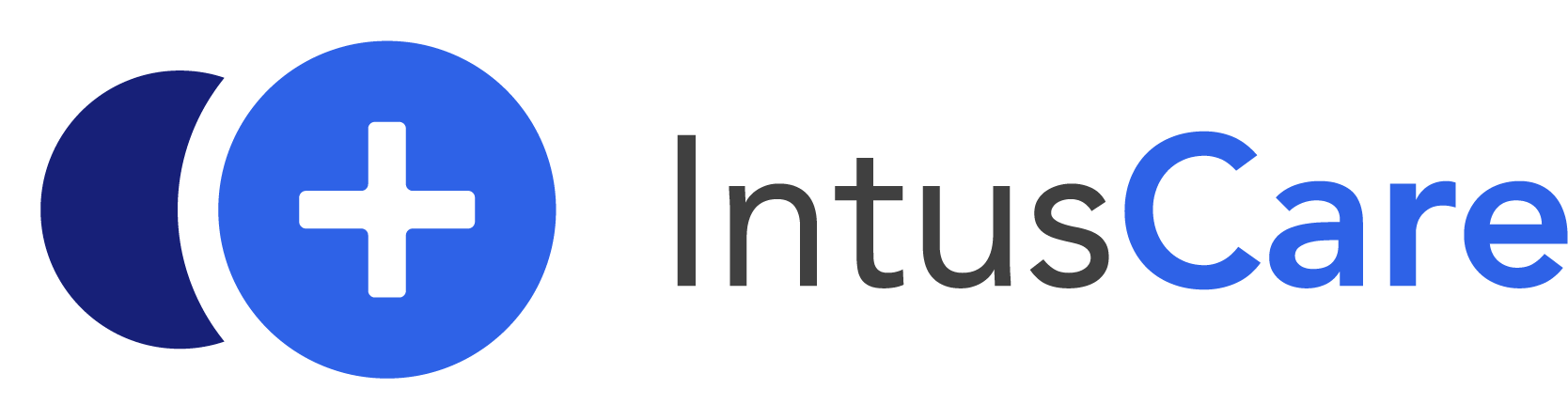 IntusCare logo, a light blue circle with a white plus sign cuts off a dark blue circle. Next to them the words 